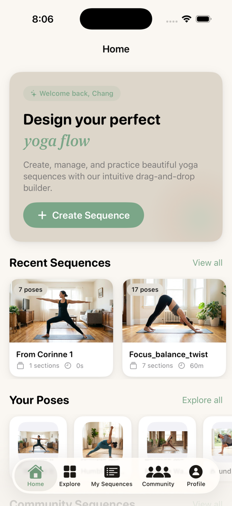 YogaGeek Home screen with recent sequences